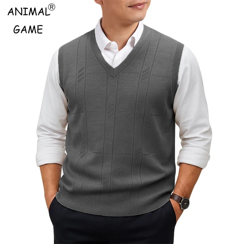 S2021439ab5a64b6bb7bdd0c2b0f816dfm.jpg Men's Sleeveless Sweater Vest Lightweight V-Neck Solid Vest Pullover Twist Knit Sweaters Autumn Mens Outerwear - Image 1