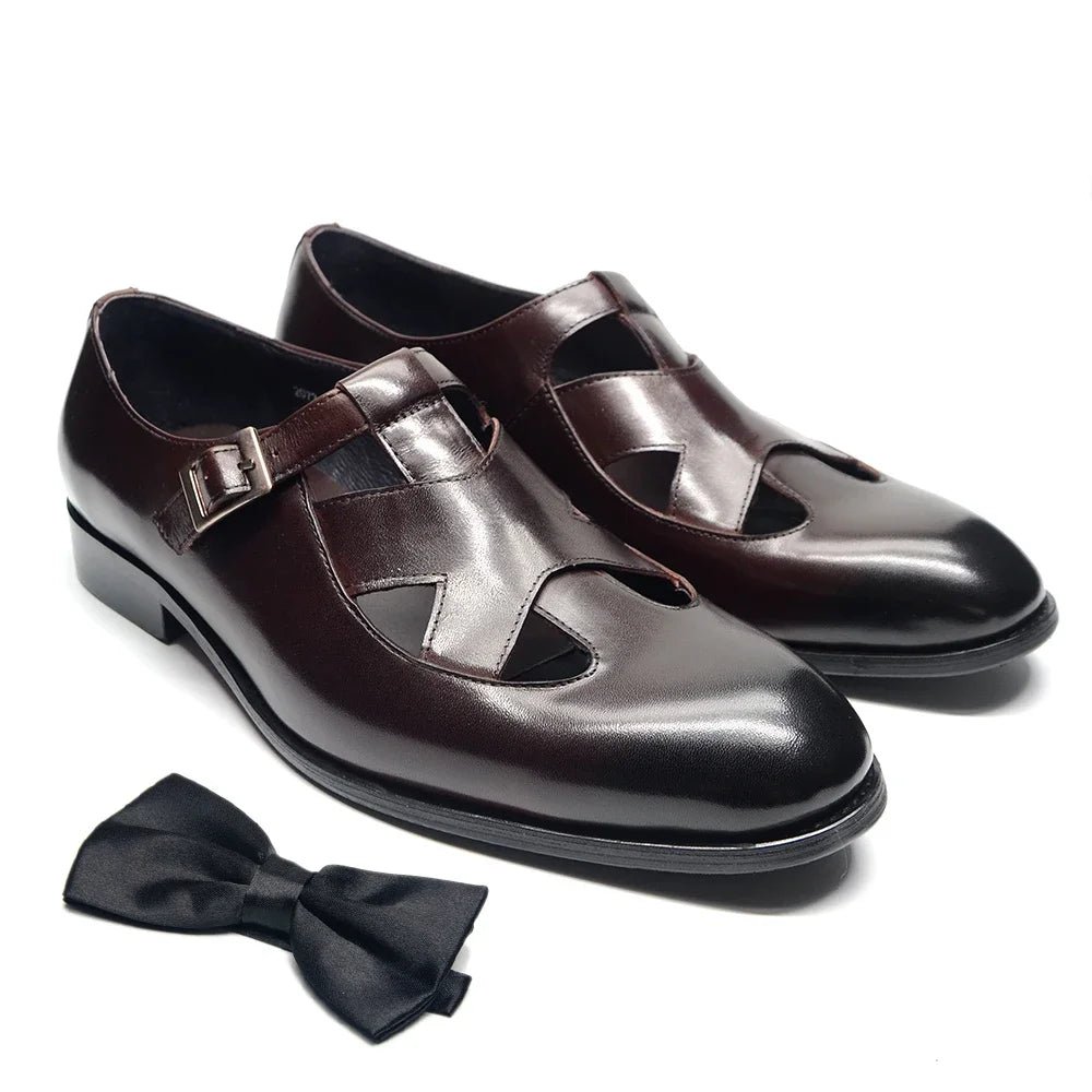 S213c79e5559247c19840056ff9aeff61l.jpg Genuine Leather Mens Classic Summer Dress Sandals Buckle Strap Black Brown Closed Toe Business Party Casual Formal Shoes for Men - Image 1