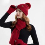 3pcs/set Winter Beanie Hat Scarf Touchscreen Gloves Set for Women Warm Knit Fleece Lined Hat Set Leather Label Fur Ball Cap - Image 4