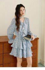 MISHOW Floral Dress for Women Cotton 2026 Spring Blue Luxury V-neck Ruffled Puff Sleeve Dress Party Midi Dress Woman MXE46L2517 - Image 6