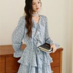 MISHOW Floral Dress for Women Cotton 2026 Spring Blue Luxury V-neck Ruffled Puff Sleeve Dress Party Midi Dress Woman MXE46L2517