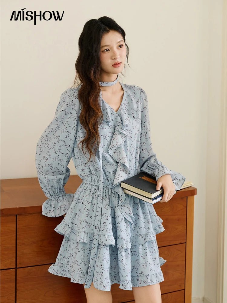 S235dcac558b24fe099bd90e3446fe36eI.jpg MISHOW Floral Dress for Women Cotton 2026 Spring Blue Luxury V-neck Ruffled Puff Sleeve Dress Party Midi Dress Woman MXE46L2517 - Image 1