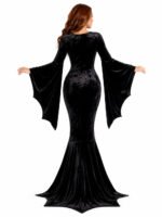 Women Gothic Velvet Mermaid Maxi Dress Bat Flared Long Sleeve Bodycon Gown Dark Witch Vampire Costume Halloween Cosplay Party Outfit - Image 2
