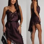 Women Dark Brown Satin Lace Slip Dress Spaghetti Strap V-Neck Asymmetrical Hem Elegant Party Cocktail Evening Dresses