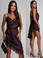 Women Dark Brown Satin Lace Slip Dress Spaghetti Strap V-Neck Asymmetrical Hem Elegant Party Cocktail Evening Dresses