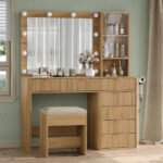 47 Fluted Vanity Desk with Mirror amp LED Lights, 7Drawer Makeup Vanity with Glass Top amp Cabinet, Vanity with Chair amp Charg - Image 2