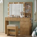 47 Fluted Vanity Desk with Mirror amp LED Lights, 7Drawer Makeup Vanity with Glass Top amp Cabinet, Vanity with Chair amp Charg - Image 5