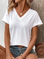 Spring and Summer Women's Casual Short-Sleeved V-Neck T-Shirt, Solid Color Style - Image 3