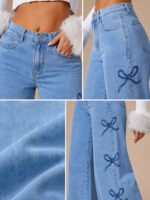 Y2K Bow Embroidery Wide Leg Jeans for Women, High Rise Vintage Light Wash Baggy Denim Trousers Trendy Casual Streetwear Daily Pants - Image 6