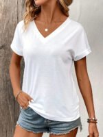 Spring and Summer Women's Casual Short-Sleeved V-Neck T-Shirt, Solid Color Style - Image 4