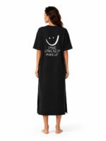 Smiley Letter Print Side Split Loose Oversized Women T‑Shirt Maxi Dress, Crew Neck Short Sleeve Casual Long Tee Dress, Soft Loungewear Nightgown, Streetwear Sundress for Daily Home Party Vacation Travel Shopping Casual Occa - Image 2