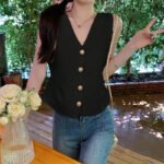 Womens Gold Button Front Vest V-Neck Ruched Waist Sleeveless Knit Jacket Casual Chic Spring Summer 2025 Trendy Outfit - Image 2