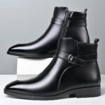 Mens Buckle Strap Ankle Boots Pointed Toe Leather Formal Chelsea Boots Man Business Dress Short Botas for Men High Top Footwear - Image 4