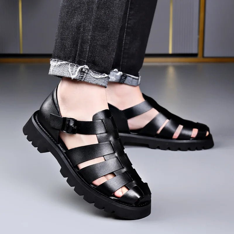 S2ab452cfbcca4f16aba28dd9599cd0f15.jpg Summer Gladiator Sandals New Breathable Casual Men Genuine Leather Sandals Hollow Beach Shoes Men Black Sizes 38-48 Men sandals - Image 1