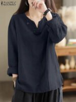 Vintage Women Blouse Autumn Long Sleeve Shirt Female V Neck Work Holiday Blusas ZANZEA Casual Solid Loose Shirt Cotton Chemise - Image 2