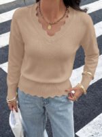 Lightweight Knit Sweaters Top For Women Daily Wear Scallop Edges V Neck Pullover Tops Autumn And Winter Long Sleeved - Image 5