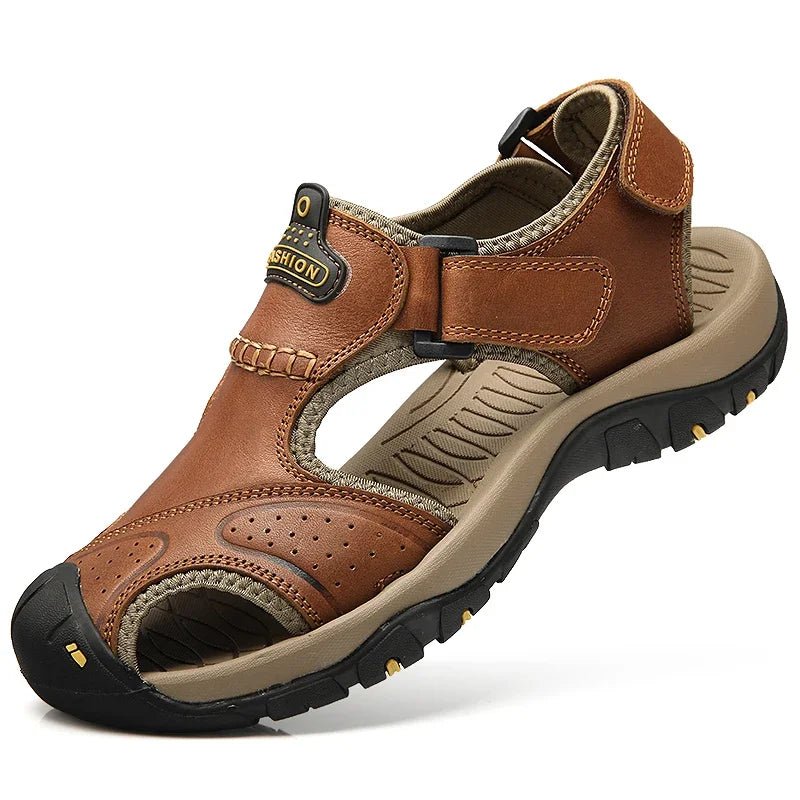 S2bf23b95b5054563b8973e768cc8f7ad1.jpg Summer Sandals Leather Outdoor Men's Beach Shoes Luxury Breathable Casual Sandal Man Wading Shoes Non-slip Wide lining Slippers - Image 1