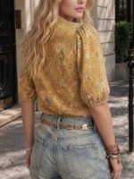 Women V‑Neck Short Puff Sleeve Floral Printed Blouse Button‑Front Casual Daily Commute Dating Wear Shirt - Image 5