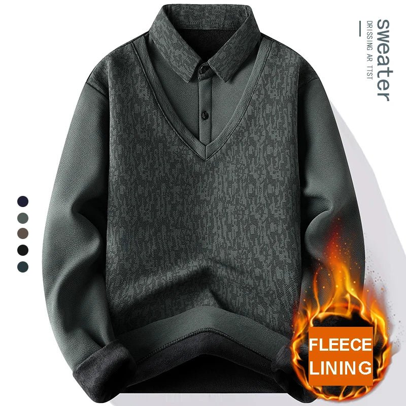 S2e1573968d904904a9b118962cd84c947.jpg Men's Winter Sweater Fashion Polo Shirt Pullover Slim Fit Elegant Luxury Brand Knitwear Fake Two Pieces Knitted Fleece Sweaters - Image 1