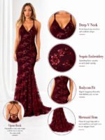 Sexy Sequin Floral Mermaid Evening Gown for Women Deep V Neck Spaghetti Strap Formal Prom Dress Floor Length Tulle Wedding Guest Party Ball Gown - Image 5