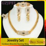 GZJPEI 4 Pcs/set 2026 Fashion Jewelry Set Cuba Chain Necklace Earring Bracelet Square Ring Luxury Zircon Jewelry For Women Gifts