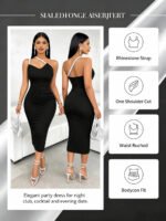 Women Sparkly Strap One Shoulder Midi Bodycon Dress Sleeveless Ruched Evening Party Dress Black Club Night Out Dresses - Image 5