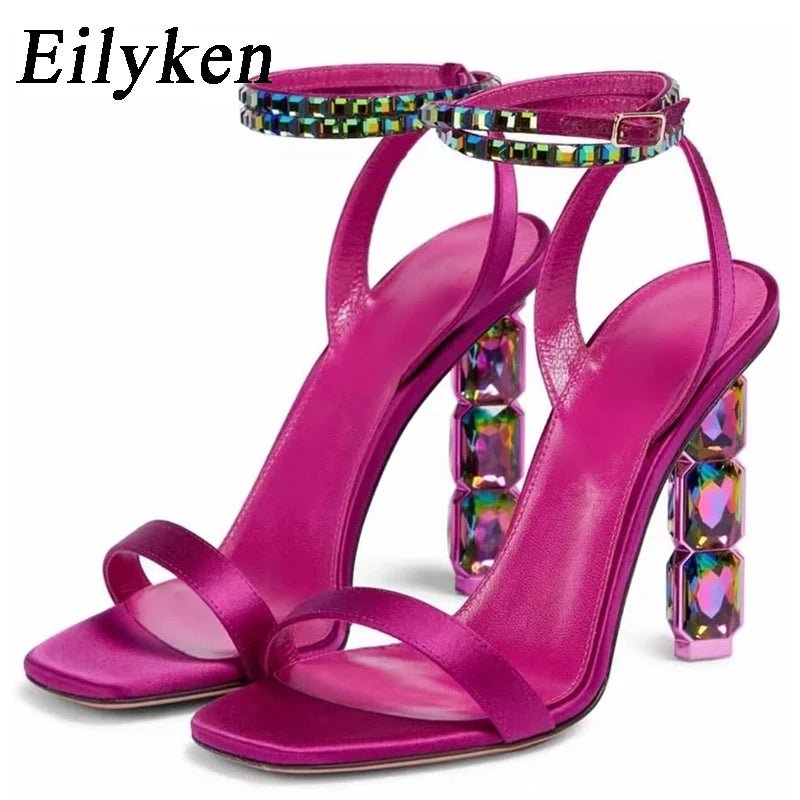 S329e860228604573a74cd982eb9028ccv.jpg Eilyken Summer Crystal Embellished High Heel Sandals Women Diamond Open Toe Ankle Strap Silk Satin Rhinestone Banquet Shoes - Image 1