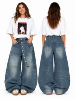Women's Asymmetric Button Front Baggy Jeans, High Waist Vintage Washed Wide Leg Denim Pants Y2K Streetwear Loose Barrel Jeans for Daily Wear - Image 3