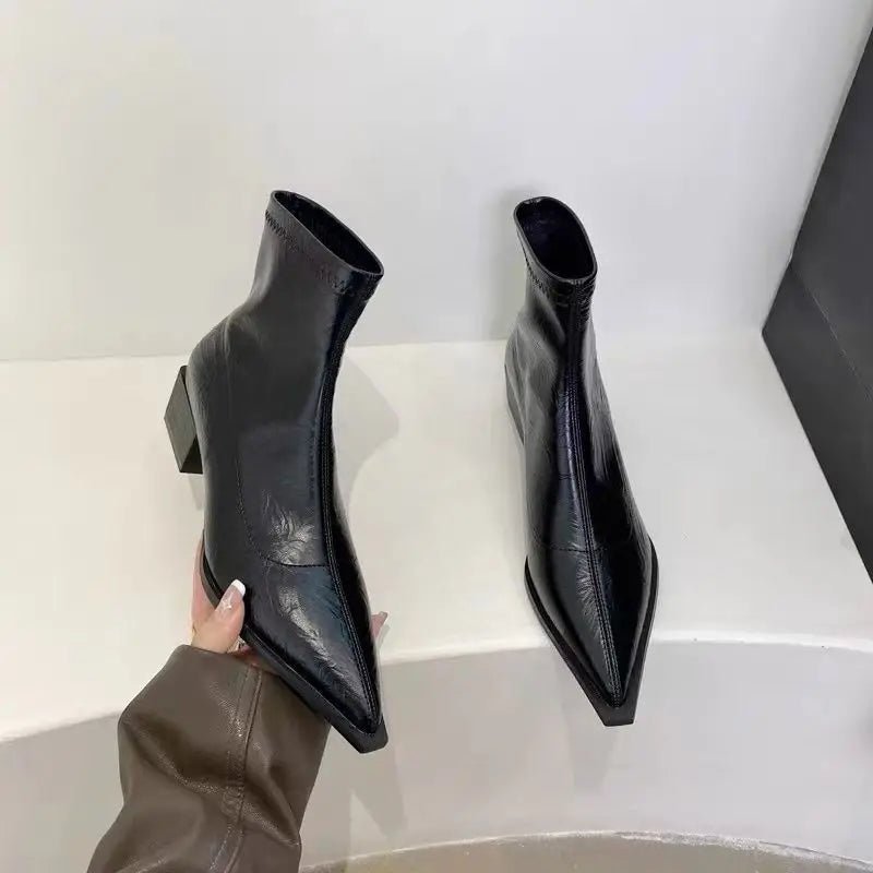 S33d9d057a7c64641bcc29c332a85bb29X.jpg Pointed Toe Women Slim Ankle Boots Fashion Square Low Heel Ladies Elegant Back Zippers Short Booties Women's Footwear - Image 1