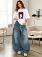 Women's Asymmetric Button Front Baggy Jeans, High Waist Vintage Washed Wide Leg Denim Pants Y2K Streetwear Loose Barrel Jeans for Daily Wear - Image 5
