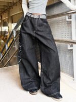 American Retro Heavy-Duty Letter Flower Embroidery Women's Loose Wide-Leg Jeans Street Fashion Fashion Versatile Black Trousers - Image 2