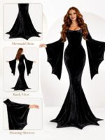 Women Gothic Velvet Mermaid Maxi Dress Bat Flared Long Sleeve Bodycon Gown Dark Witch Vampire Costume Halloween Cosplay Party Outfit - Image 6