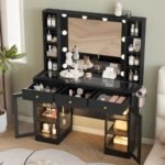 Makeup Vanity Desk with Mirror and Lights, Black Vanity with Glass Top, LED Lights & Power Outlet, 3 Drawers & 2 RGB - Image 5