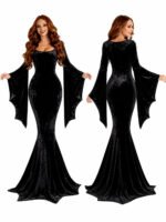 Women Gothic Velvet Mermaid Maxi Dress Bat Flared Long Sleeve Bodycon Gown Dark Witch Vampire Costume Halloween Cosplay Party Outfit - Image 3