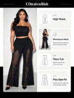 Plus Size Women Mesh Rhinestone Flare Pants High Waist See Through Sparkly Bell Bottom Trousers Night Club Party Black Pants - Image 5