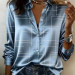 2026 New Style Fashionable Women's Printed Shirt, Autumn Blue Satin Long-Sleeved Shirt; Elegant and Loose Office Casual Top; Women's Teacher Outfit; Women's Autumn Clothing