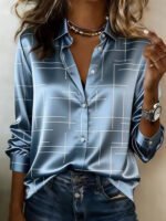 2026 New Style Fashionable Women's Printed Shirt, Autumn Blue Satin Long-Sleeved Shirt; Elegant and Loose Office Casual Top; Women's Teacher Outfit; Women's Autumn Clothing