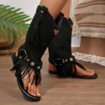 Flip Flops Sandals Fringes Thong Flats Shoes For Women Suede Tassels Womens Retro Casual Tassel Sandals - Image 2