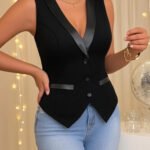 Sleeveless Vest Shawl Lapel Single Breasted Slim Waistcoat Contrast Trim Outfit For Women Office Interview Business Daily Street Elegant Wear