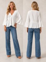 V Neck Bell Sleeve Blouses for Women Loose Fit Babydoll Tunic Tops Single Button Pleated Flowy Shirts Casual Daily Office Going‑Out Tunic - Image 3