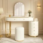 Luxury Makeup Vanity Desk with 3-Color LED Mirror and Stool, Adjustable Length Vanity Table with Movable Side Cabinet - Image 2