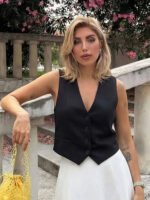 HH Women Casual V-Neck Sleeveless Waistcoat Elegant Fashion Solid Single-breasted Short Vest Chic Tops Female Summer Outerwear