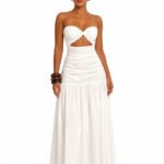 Women Strapless Twist Cutout Maxi Dress Ruched Waist Flowy A Line Long Tube Top Dress Summer Beach Vacation Casual Sundress