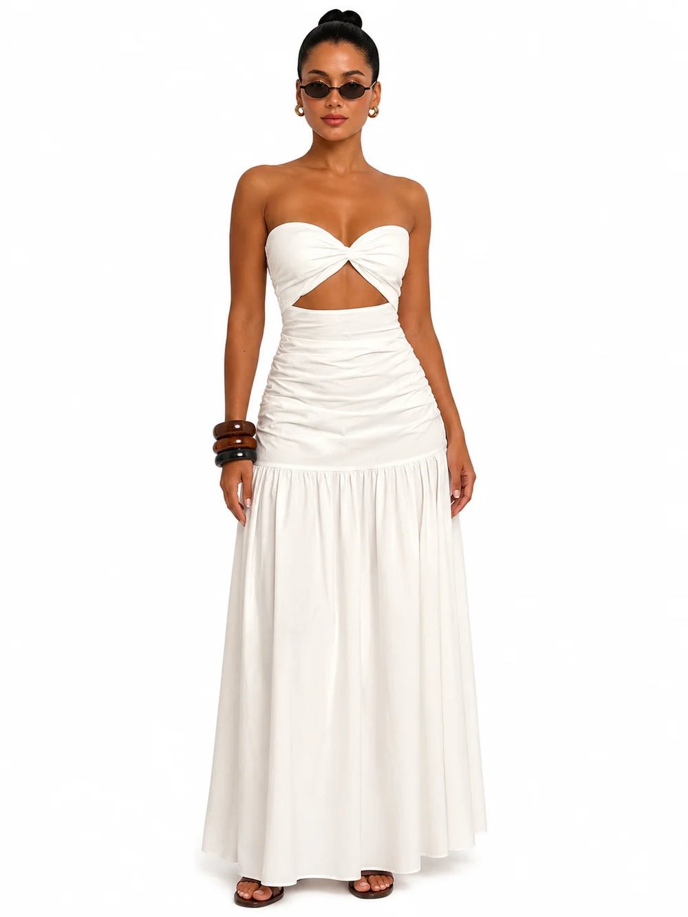 S3ee5f564009947b6a872932255044a2aX.jpg Women Strapless Twist Cutout Maxi Dress Ruched Waist Flowy A Line Long Tube Top Dress Summer Beach Vacation Casual Sundress - Image 1