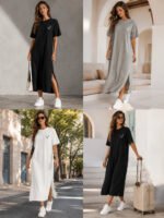 Smiley Letter Print Side Split Loose Oversized Women T‑Shirt Maxi Dress, Crew Neck Short Sleeve Casual Long Tee Dress, Soft Loungewear Nightgown, Streetwear Sundress for Daily Home Party Vacation Travel Shopping Casual Occa - Image 5