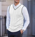 New Men's Knit V-Neck Sweater Vest Contrast Color Stripe Design Sleeveless Knitted Pullover Sweaters Men Smart Casual Waistcoats - Image 3