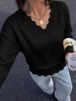 Lightweight Knit Sweaters Top For Women Daily Wear Scallop Edges V Neck Pullover Tops Autumn And Winter Long Sleeved - Image 4