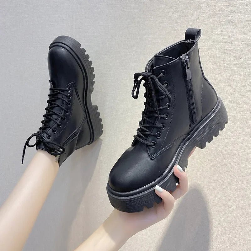 S40ab681404a74c0c919ff380a501769dP.jpg Plus Size 42 43 Women Motorcycle Ankle Boots Wedges Female Lace Up Platforms Black Leather Oxford Shoes Woman 2022 Botas Mujer - Image 1