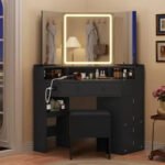 Corner Vanity Desk with Mirror and Lights, Power Outlet & Rotating Shelves, Makeup Vanities with Storage Bench - Image 2