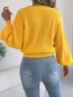 Women's Solid Color Round Neck Lantern Long Sleeve Knitted Sweaters for 2026 Autumn Winter Woman Clothes Yellow Red Khaki Tops - Image 2